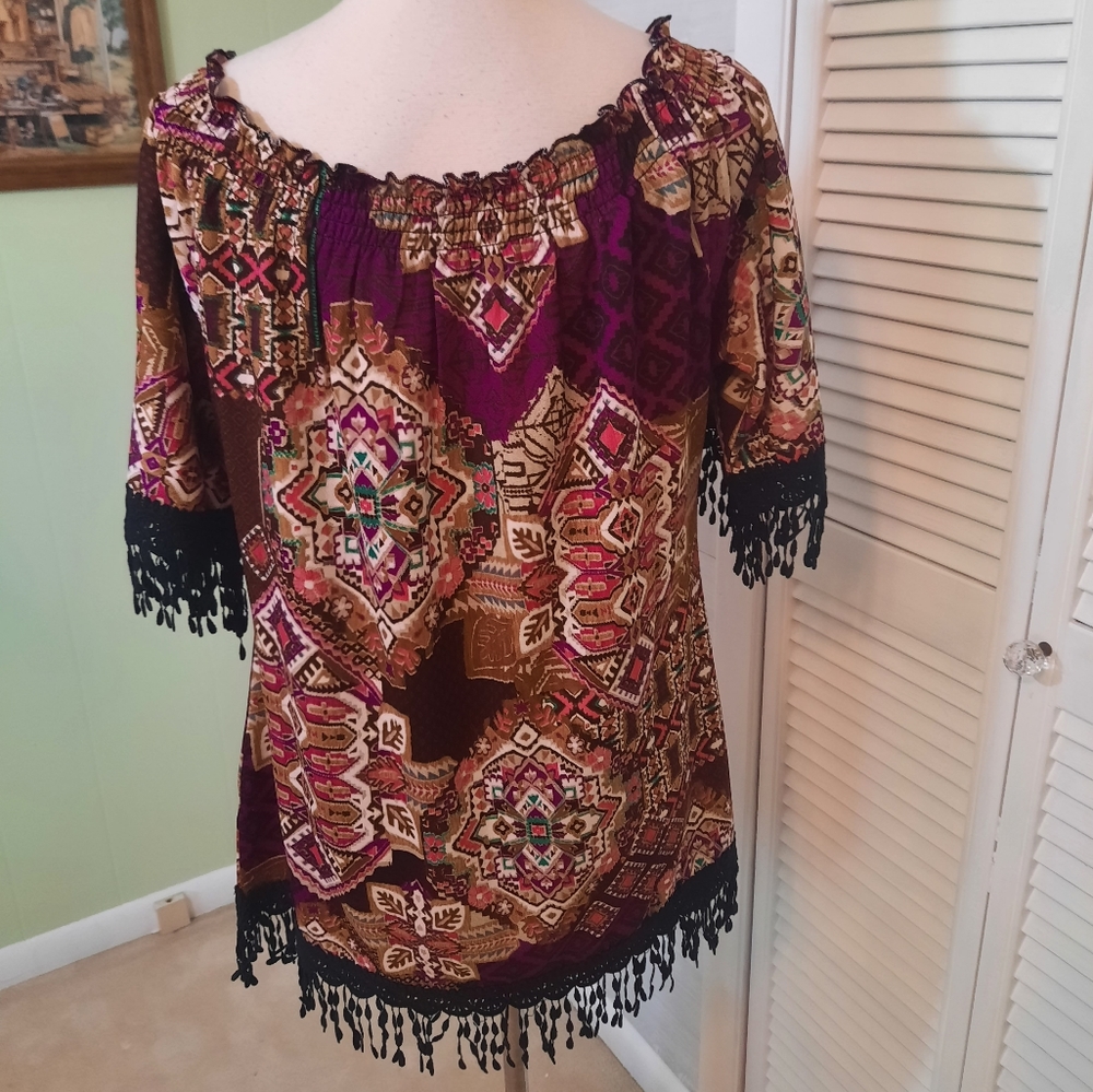 Merchant paisley boho fringe lace top blouse large NWOT *C2 - Picture 6 of 6